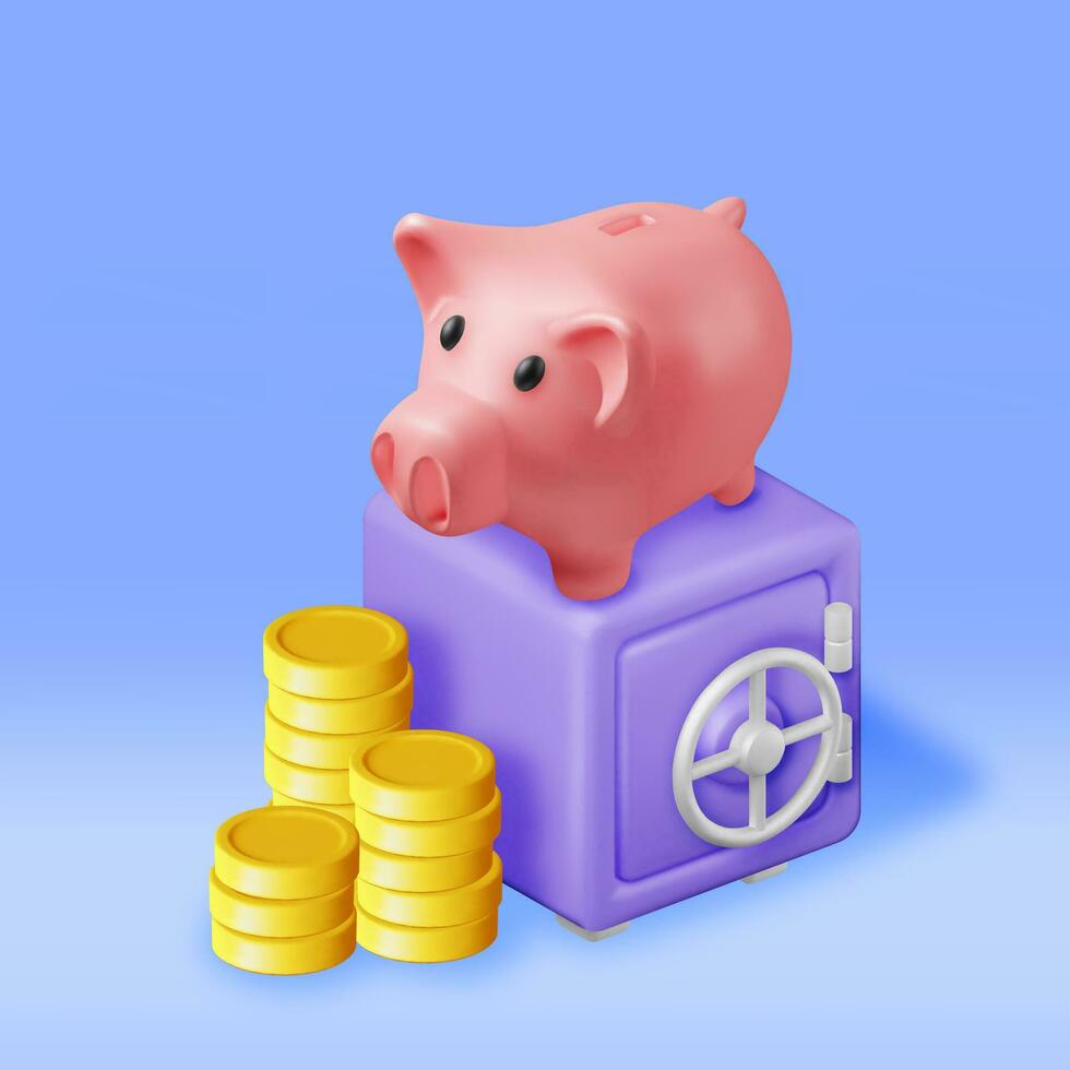 3d Safe Box Full of Money and Piggy Bank. Render Plastic Style Safebox Cash Coins Icon. Bank Vault Security, Deposit Storage, Cash Safety Safebox. Saving, Stored Money. Vector Illustration