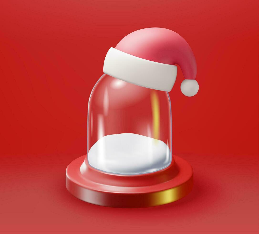 3D Glass Christmas Snow Globe with Santa Claus Hat Isolated. Render Spere Podium with Cap Happy New Year Decoration. Merry Christmas Holiday. New Year Xmas Celebration. Realistic Vector Illustration