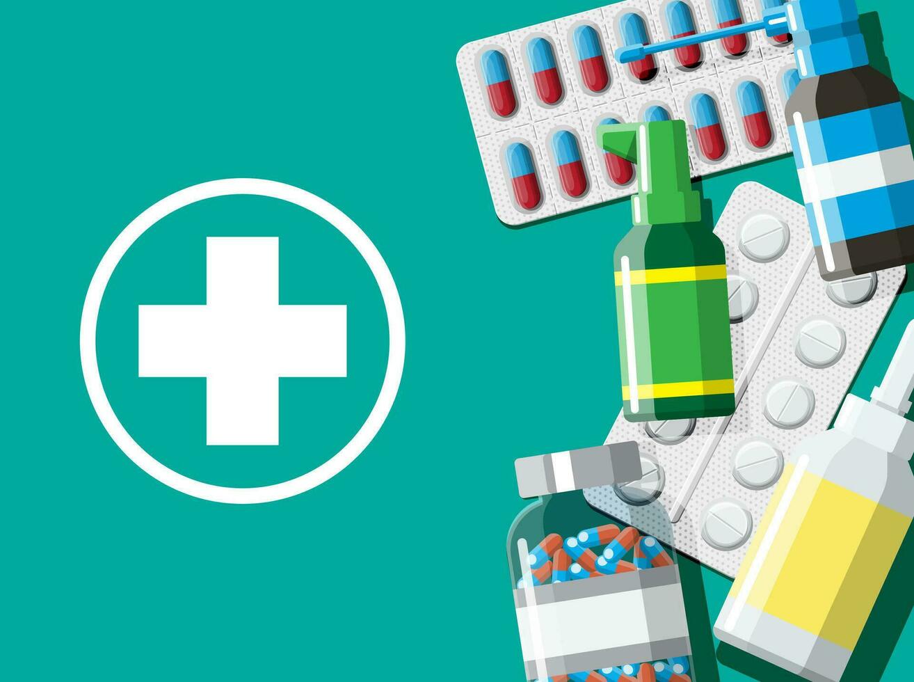 Medicine collection. Set of bottles, tablets, pills, capsules and sprays for illness and pain treatment. Medical drug, vitamin, antibiotic. Healthcare and pharmacy. Vector illustration in flat style