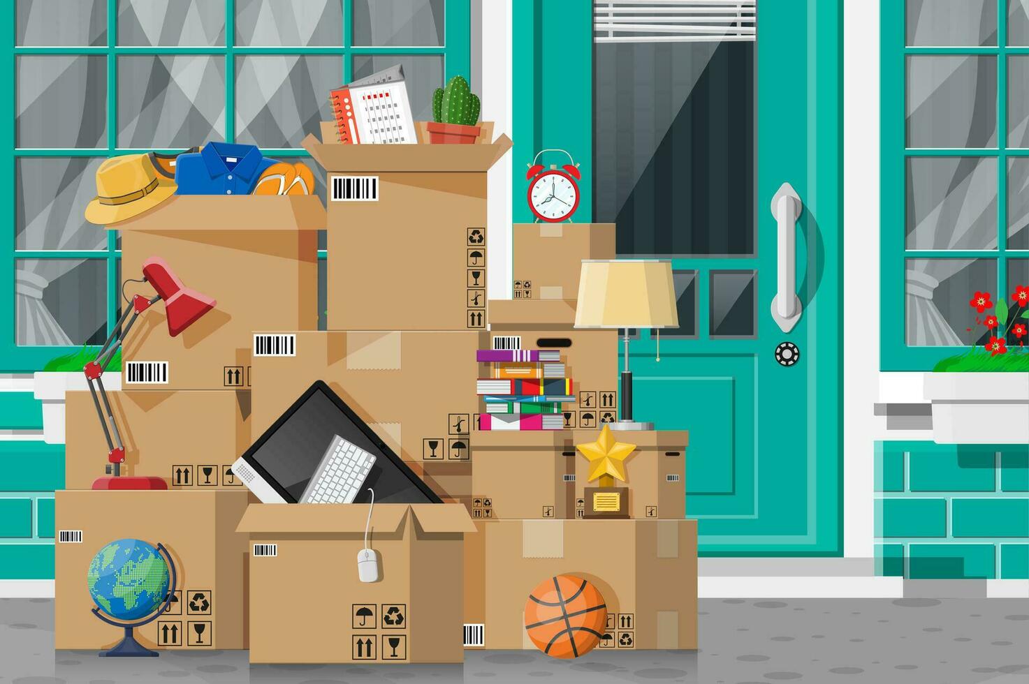 Moving to new house. Family relocated to new home. Paper cardboard boxes near house facade. Package for transportation. Computer, lamp, clothes, books. Vector illustration in flat style