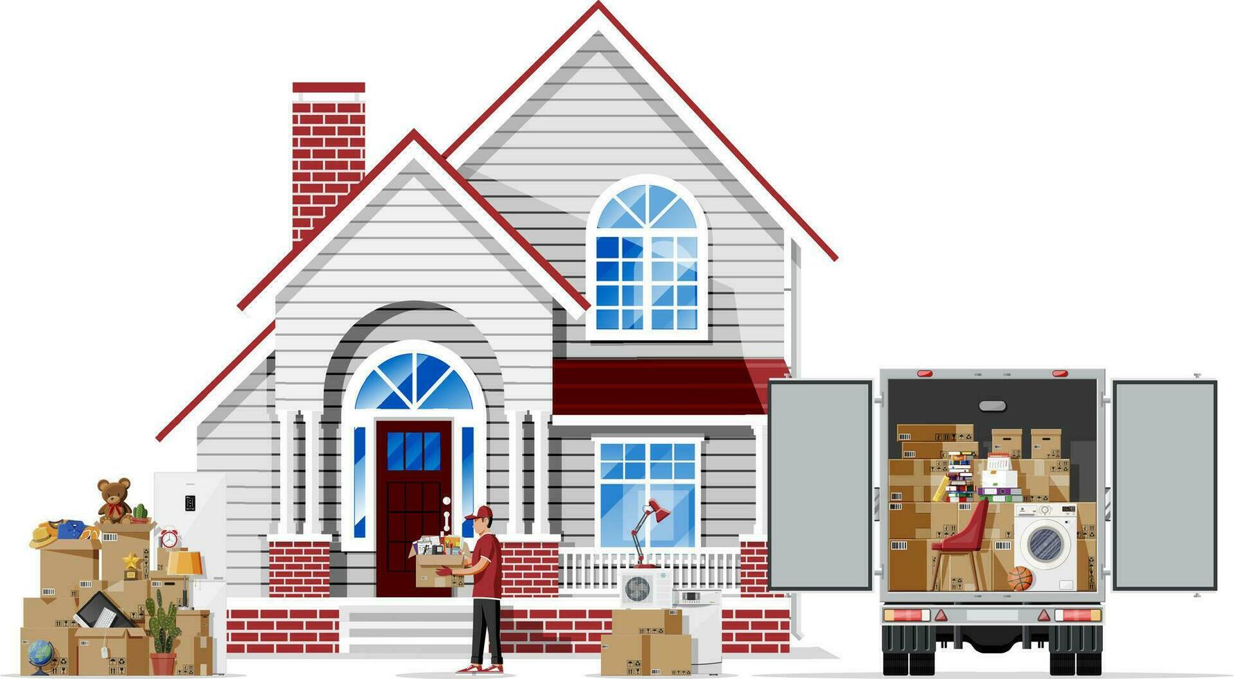 Moving to new house. Family relocated to new home. Male mover, paper cardboard boxes near house, delivery truck. Package for transportation. Household items and electronics. Flat vector illustration