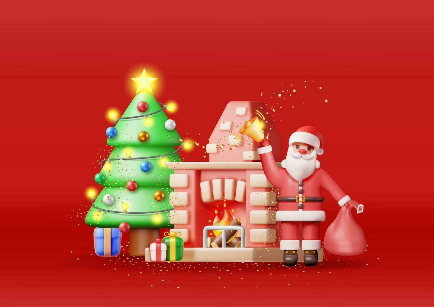 3D Red Brick New Year Fireplace and Santa Claus. Render Christmas Decorated Fireplace with Socks, Tree, Gifts. Happy New Year. Christmas Holiday. New Year and Xmas Celebration. Vector Illustration