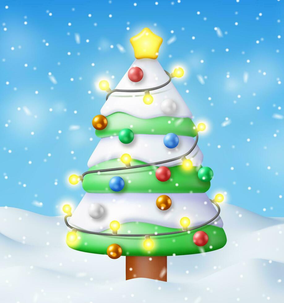 3d Navidad antecedentes. hacer Navidad árbol con guirnaldas y pelotas. invierno paisaje con abeto árbol y nevando contento nuevo año celebracion. nuevo año Navidad día festivo. vector ilustración