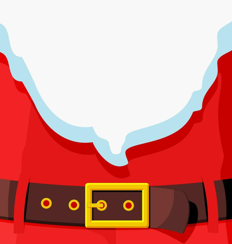 Red santa claus suit. Leather belt with gold buckle, white beard with space for text. Happy new year decoration. Merry christmas holiday. New year and xmas celebration. Flat vector illustration