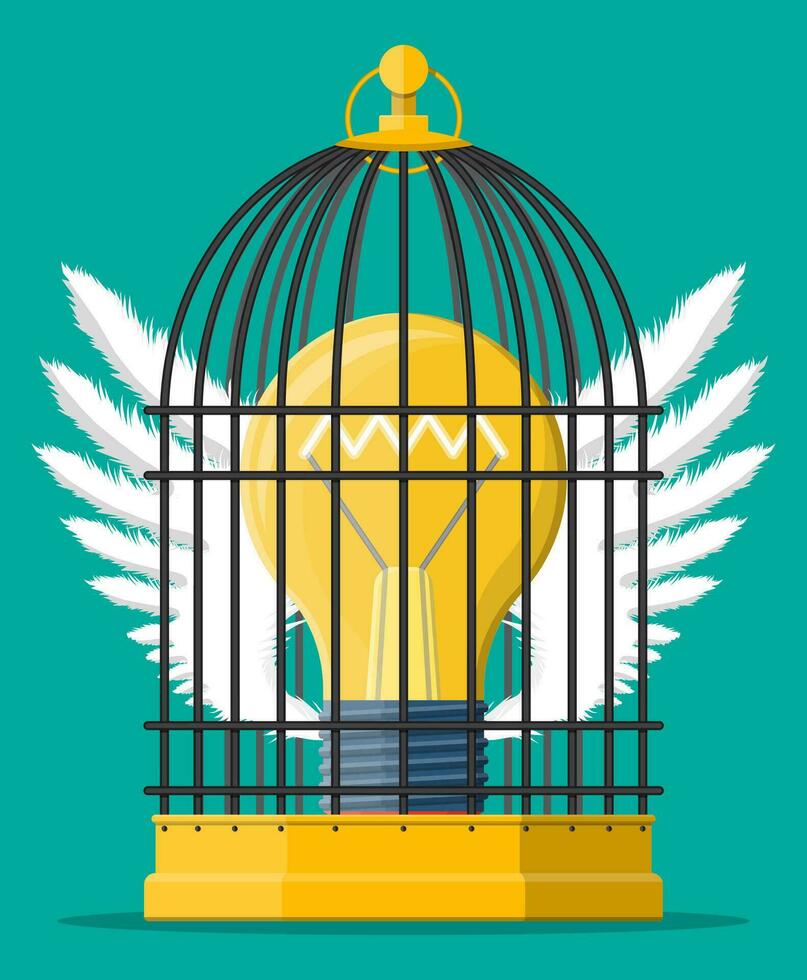 pájaro jaula con ligero bulbo de idea adentro. concepto de creativo idea o inspiración, negocio comienzo arriba. vaso bulbo con espiral y alas en plano estilo. vector ilustración