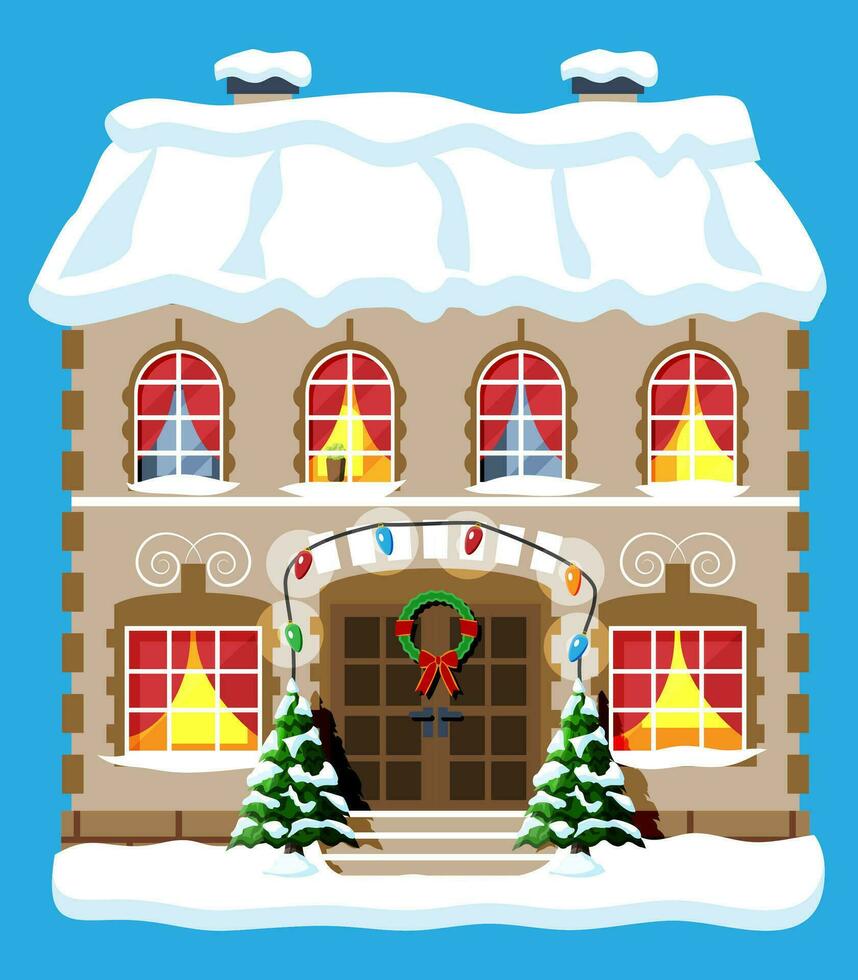 City House Covered Snow. Building in Holiday Ornament. Christmas Tree Spruce, Wreath. Happy New Year Decoration. Merry Christmas Holiday. New Year and Xmas Celebration. Flat Vector Illustration