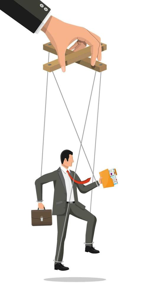 Businessman marionette is hanging on ropes. Hand of puppeteer holding business man on leash. Puppet doll worker, abuse of power, manipulation. Vector illustration in flat style