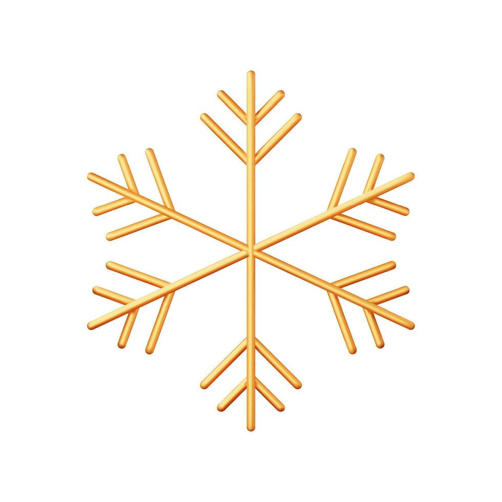 3D Golden Chrome Snowflake Isolated on White. Render Christmas Decoration Snow Flake. Happy New Year Decoration. Merry Christmas Holiday. New Year and Xmas Celebration. Realistic Vector Illustration