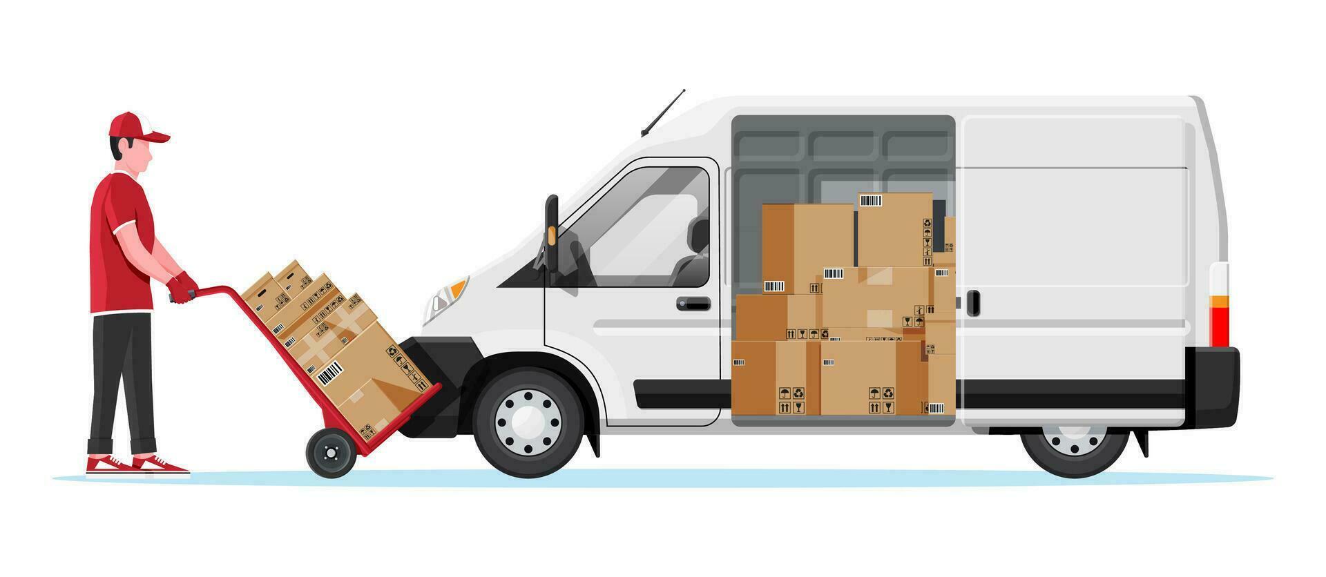 Delivery Van Full of Cardboard Boxes Isolated on White. Express Delivering Services Commercial Truck. Concept of Fast and Free Delivery by Car. Cargo and Logistic. Cartoon Flat Vector Illustration