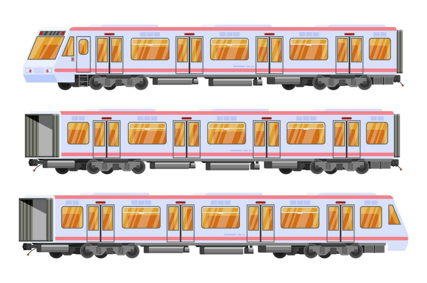 Detailed Underground Train Car Set Isolated. Subway Railway Car on White. Modern Urban Metro. Passenger Express Railway. Railroad Public Transportation. Rapid Transport. Flat Vector Illustration