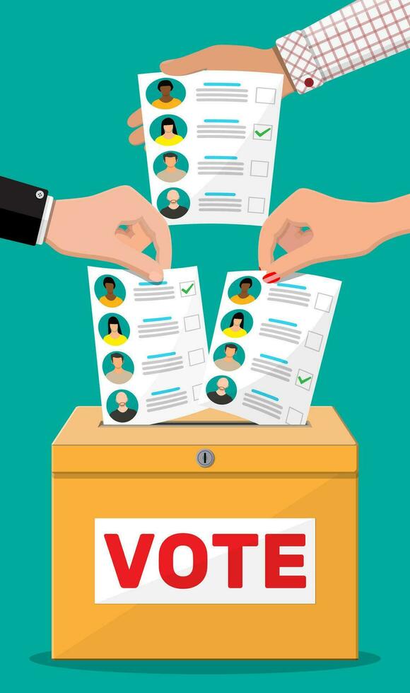 Ballot box and document with candidates. Hand with election bill. Vote paper with faces. Vector illustration in flat style
