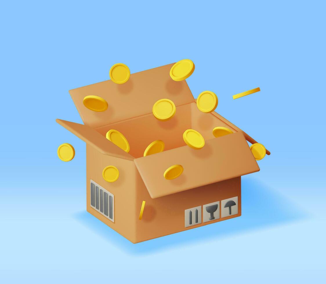 3D Cardboard Box with Gold Coins Inside Isolated. Open Carton Package with Cash Money. Donate Money, Charity, Save Money Concept. Cargo, Delivery and Transportation. Vector Illustration