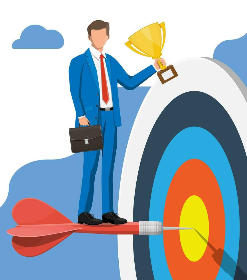 Happy businessman with trophy and dart target. Goal setting. Business man with briefcase. Smart goal. Business target concept. Achievement and success. Vector illustration in flat style