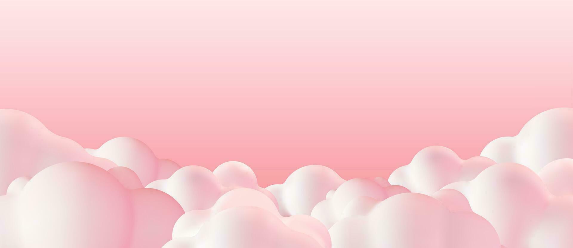 Beautiful Fluffy Clouds on Pink Sky Background. Collection of Cartoon Cumulus Cloud. Render Bubble Cute Circle Shaped Smoke or Cumulus Fog Symbol. Vector Illustration