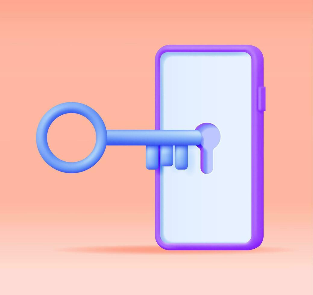 3D Mobile Phone with Key on Screen. Render Smartphone with Keyhole. Concept of Mobile Security, Data Protection and Confidentiality. Safety, Encryption and Privacy. Vector Illustration