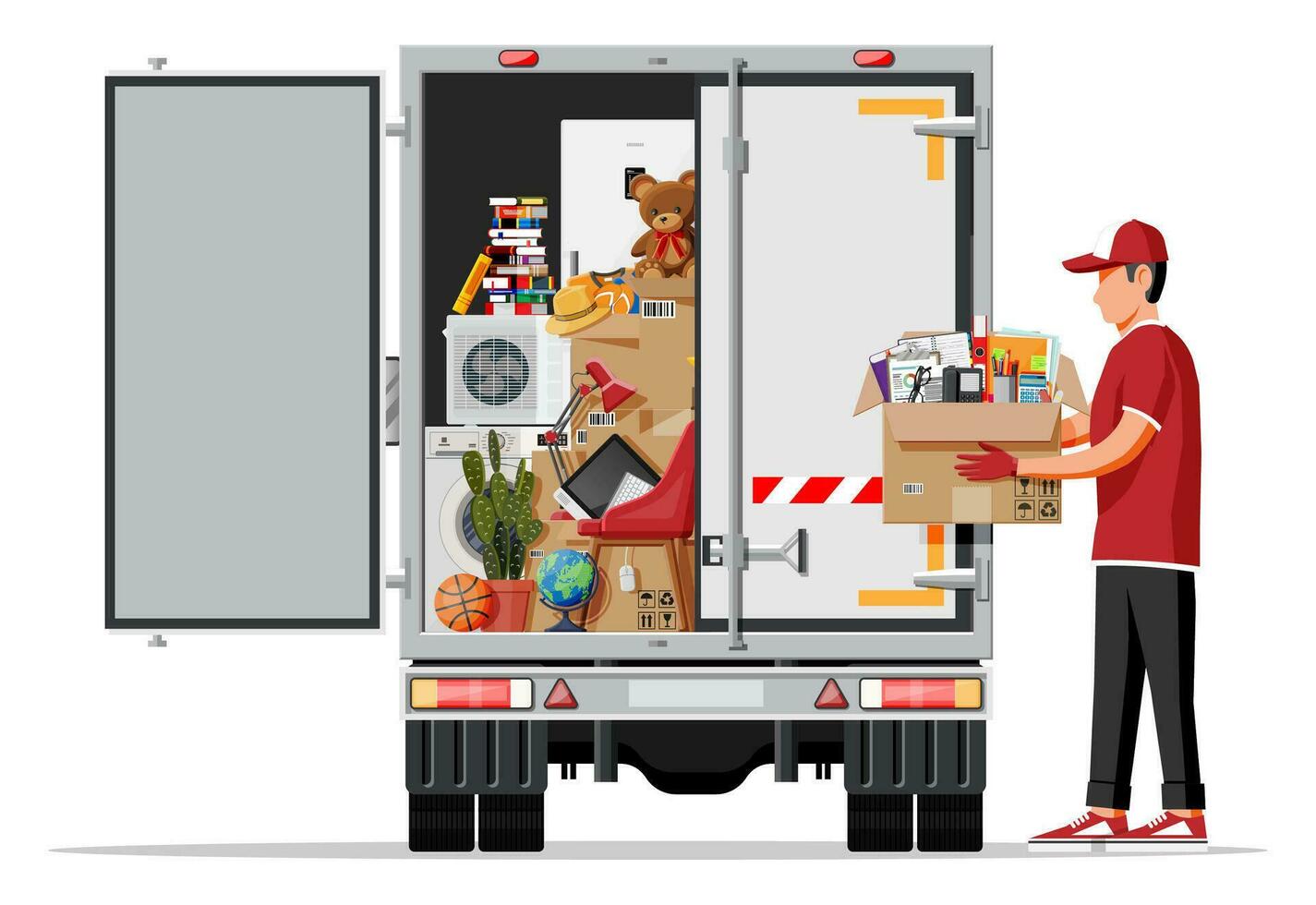 Delivery truck full of home stuff inside. Moving to new house. Family relocated to new home. Boxes with goods. Package transportation. Computer, lamp, clothes, books. Flat vector illustration
