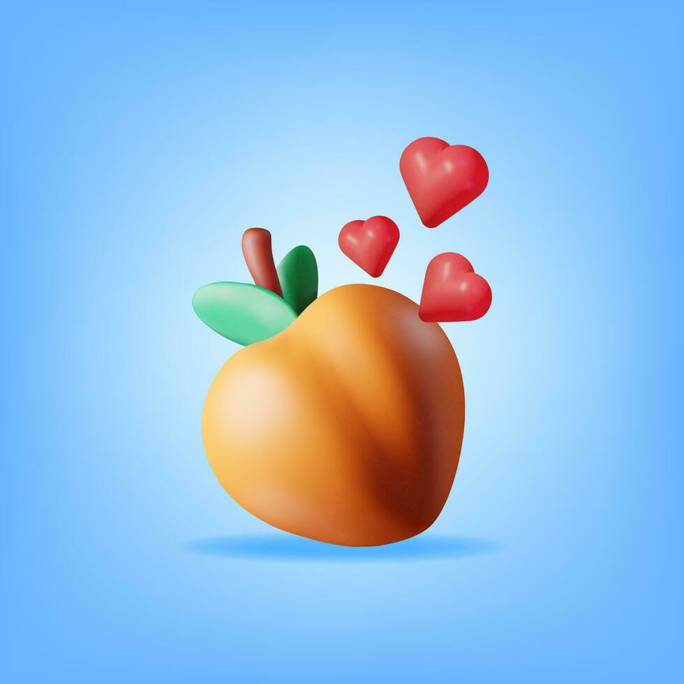 3D Fresh Peach with Green Leaves and Hearts Isolated. Render Cartoon Peach Fruit. Nectarine Organic Healthy Food. Vegetarian Nutrition. Realistic Vector Illustration