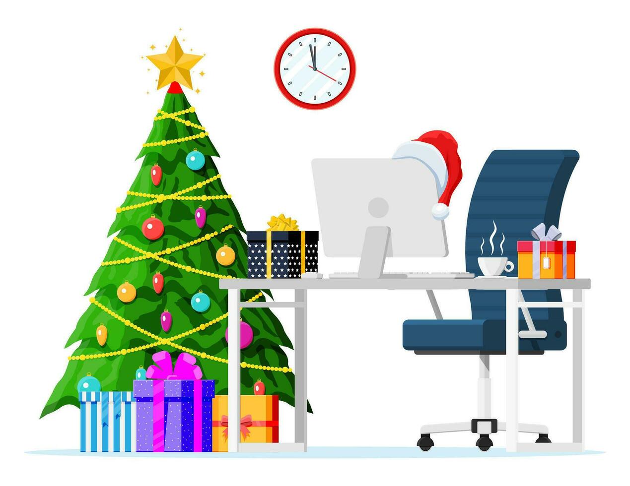 Christmas and New Year Office Desk Workspace Interior. Gift Box, Christmas Tree, Chair, Computer PC, Clocks. New Year Decoration. Merry Christmas Holiday Xmas Celebration. Vector illustration