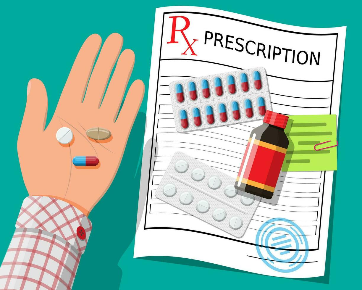 Hand, prescription rx, pills, capsules for illness and pain treatment. Taking medication concept. Medical drug, vitamin, antibiotic. Healthcare and pharmacy. Vector illustration in flat style