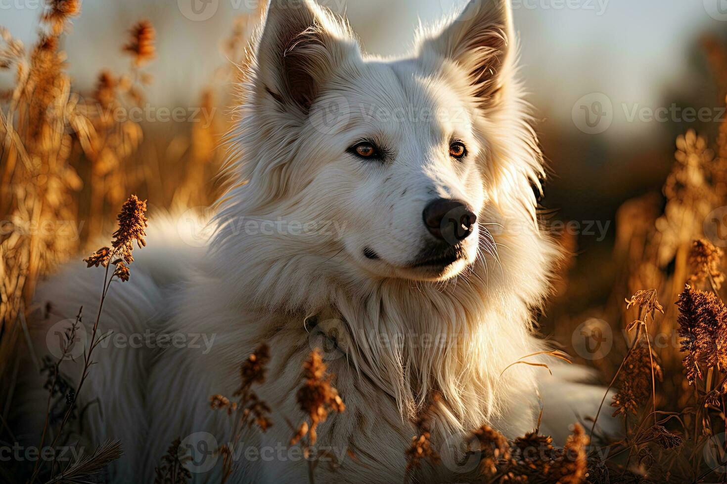 AI generated Portrait of white Swiss Shepherd dog on a nature, close up photo, morning light. Ai art photo