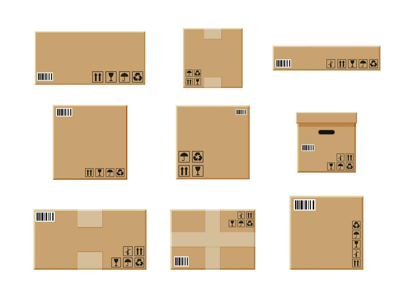 Cardboard boxes set isolated on white. Carton delivery packaging closed, sealed, cubic, big and small box with fragile signs. Vector illustration in flat style