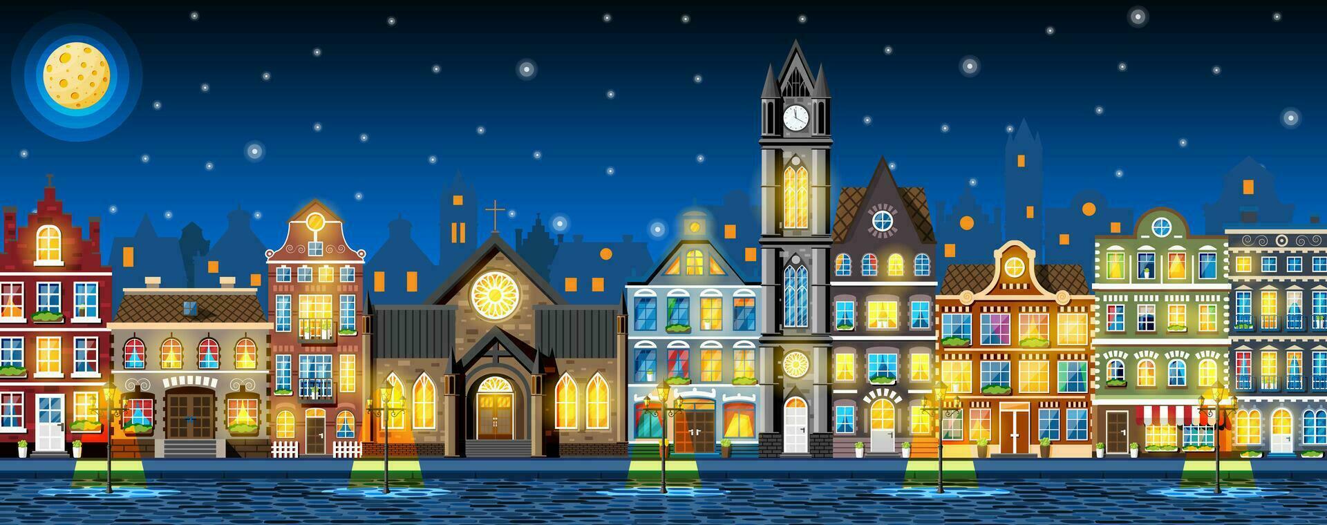 Traditional European Town in Night. Old City Street with Lamp and Paving Stones Road. Medieval Urban Landscape. Street with Colorful Houses in Different Architectural Styles. Flat Vector Illustration