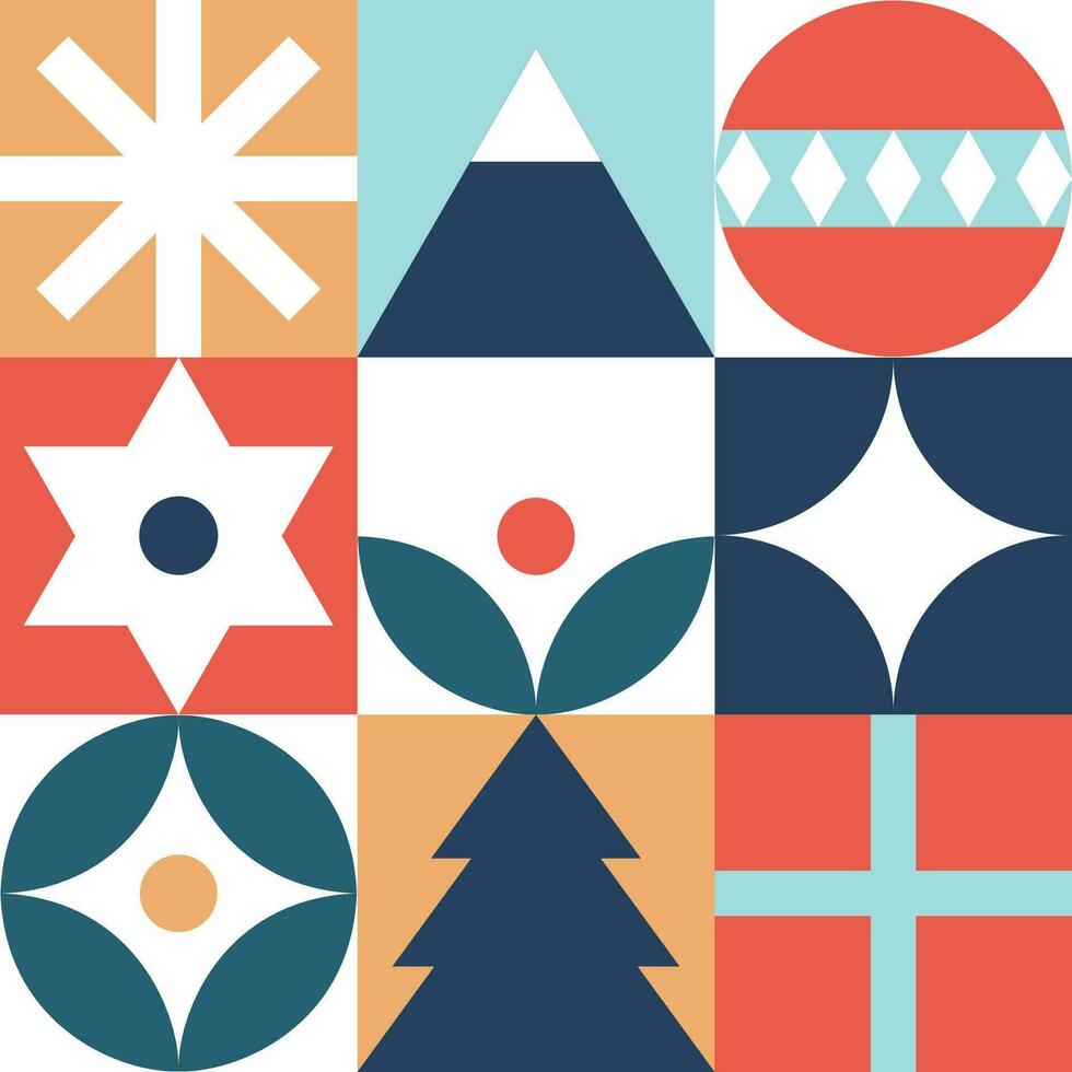 Bauhaus-Style Christmas pattern - trendy colored mosaic texture. Geometric seamless pattern with winter elements. Christmas decoration in Scandinavian style. New year texture. vector