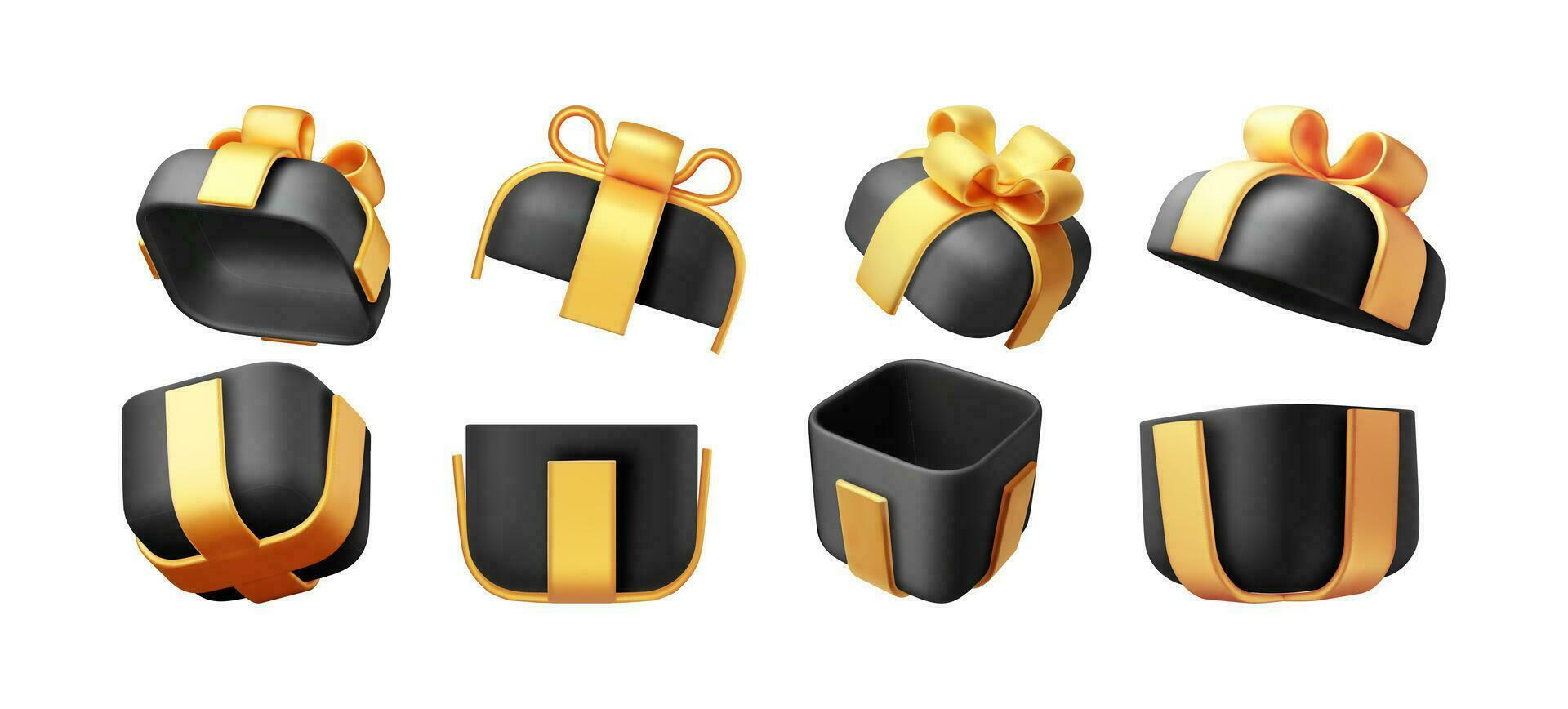 3d negro regalo caja con oro arco conjunto aislado en blanco. hacer lujo envuelto caja. Navidad. nuevo, año, venta, compras. presente caja caja de regalo para negro viernes, cumpleaños y día festivo. vector ilustración