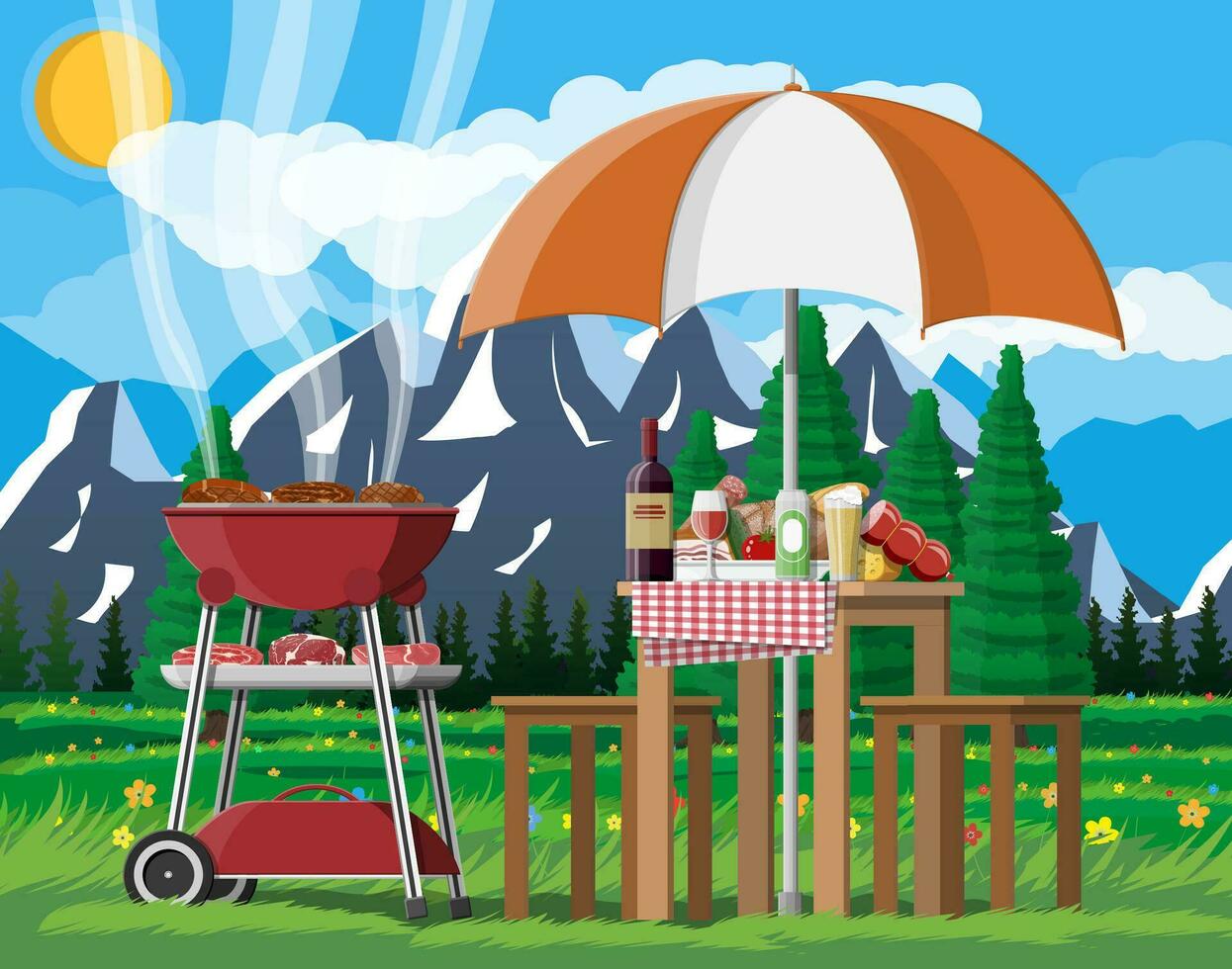 Bbq party or picnic. Table with bottle of wine, vegetables, cheese, can of beer. Electric grill with barbecue. Cooking steak, meat and sausages, grilling bbq. Vector illustration flat style