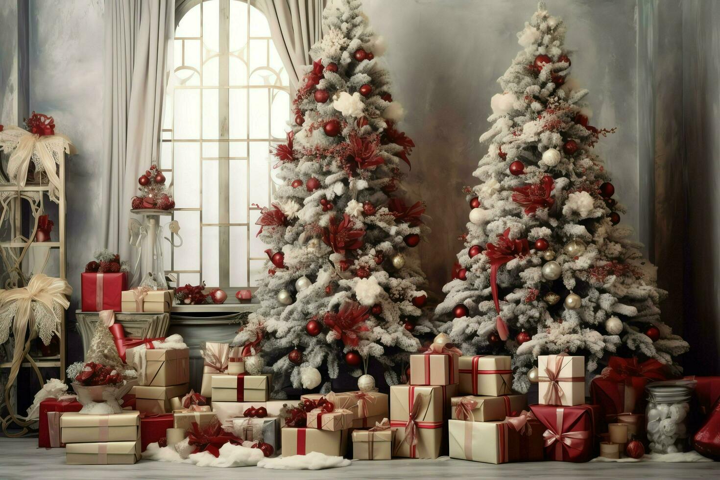 Cosy living room with beautiful christmas tree and red gifts in modern interior. Interior of living room decorated for merry christmas with socks, gift boxes and christmas accessories by AI Generated photo