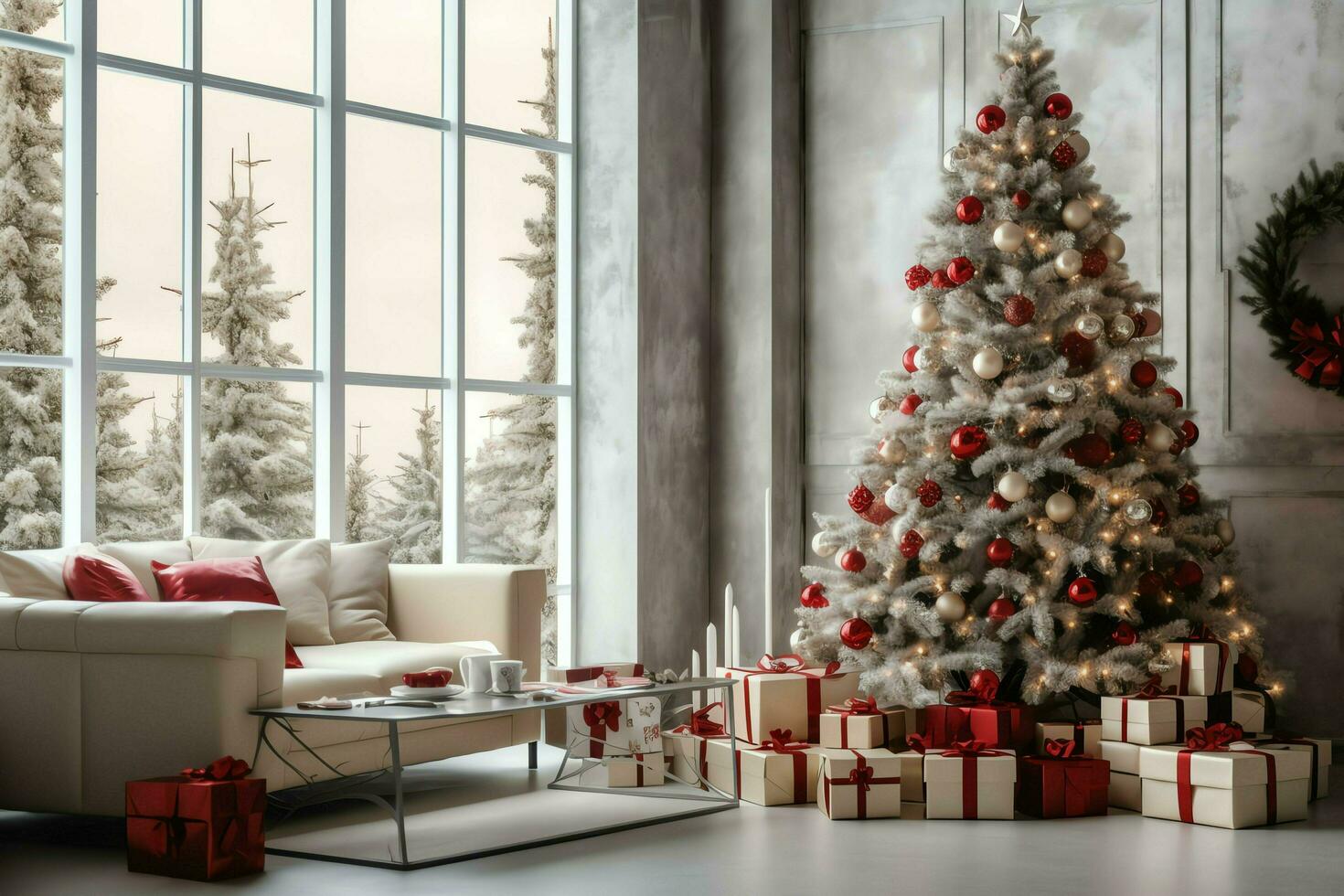 Cosy living room with beautiful christmas tree and red gifts in modern interior. Interior of living room decorated for merry christmas with socks, gift boxes and christmas accessories by AI Generated photo