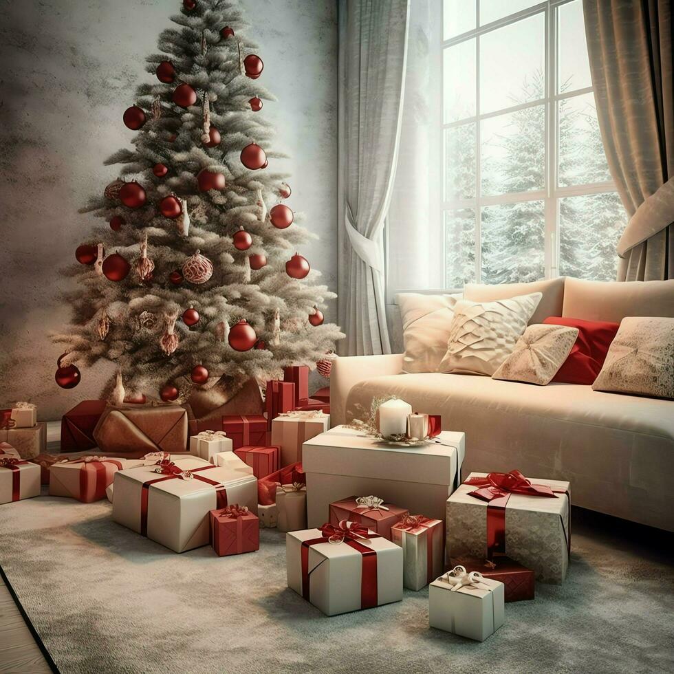 Cosy living room with beautiful christmas tree and red gifts in modern interior. Interior of living room decorated for merry christmas with socks, gift boxes and christmas accessories by AI Generated photo