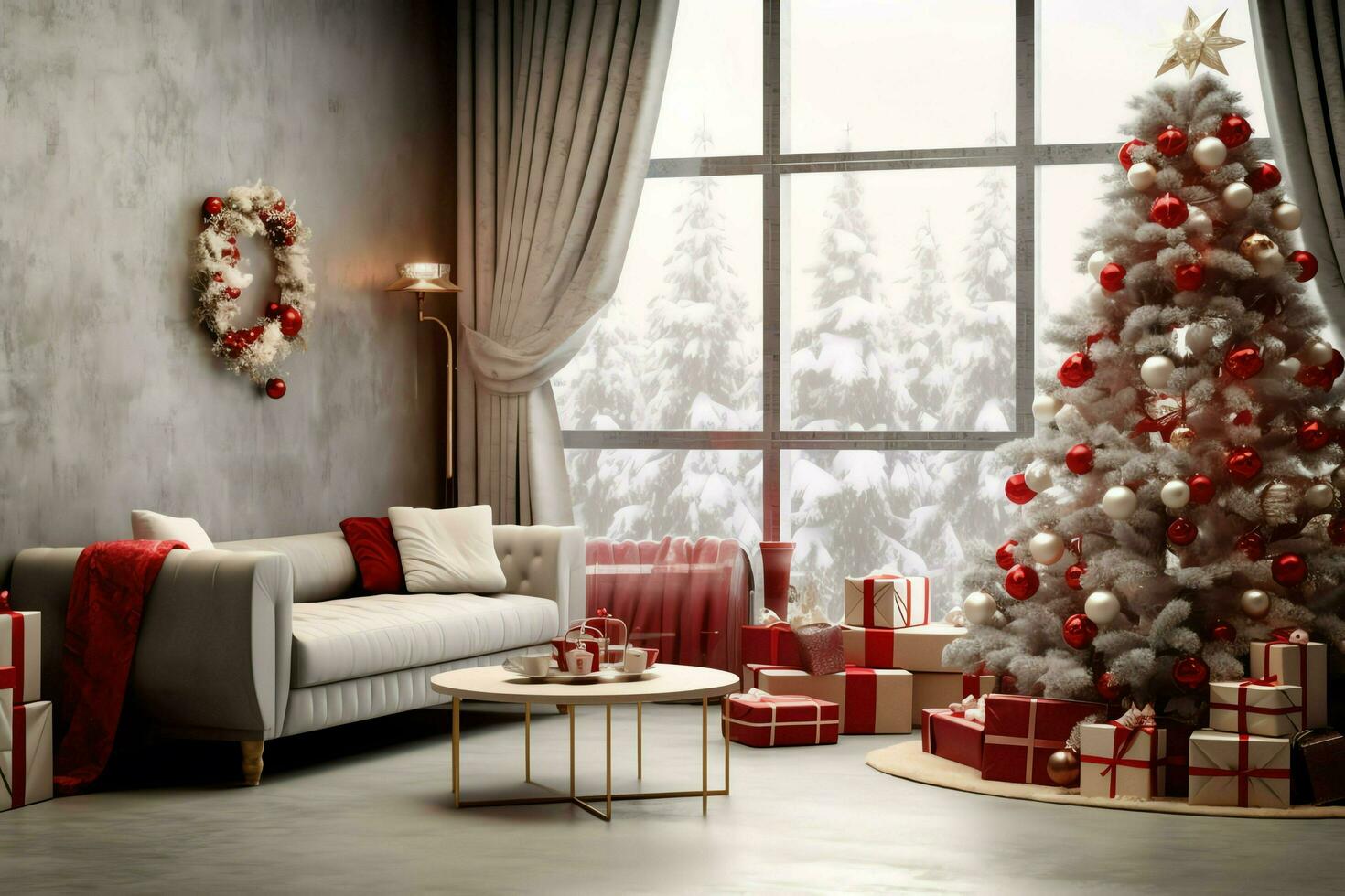 acogedor vivo habitación con hermosa Navidad árbol y rojo regalos en moderno interior. interior de vivo habitación decorado para alegre Navidad con medias, regalo cajas y Navidad accesorios por ai generado foto