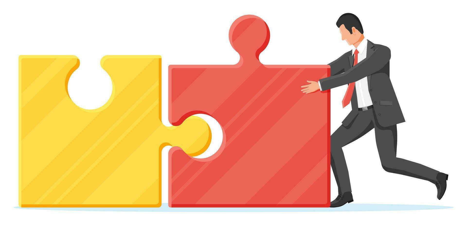 Businessman Character Connecting Puzzle Pieces. Symbol of Teamwork, Cooperation, Partnership. Business Strategy and Solution, Team Work Concept. Cartoon Flat Vector Illustration