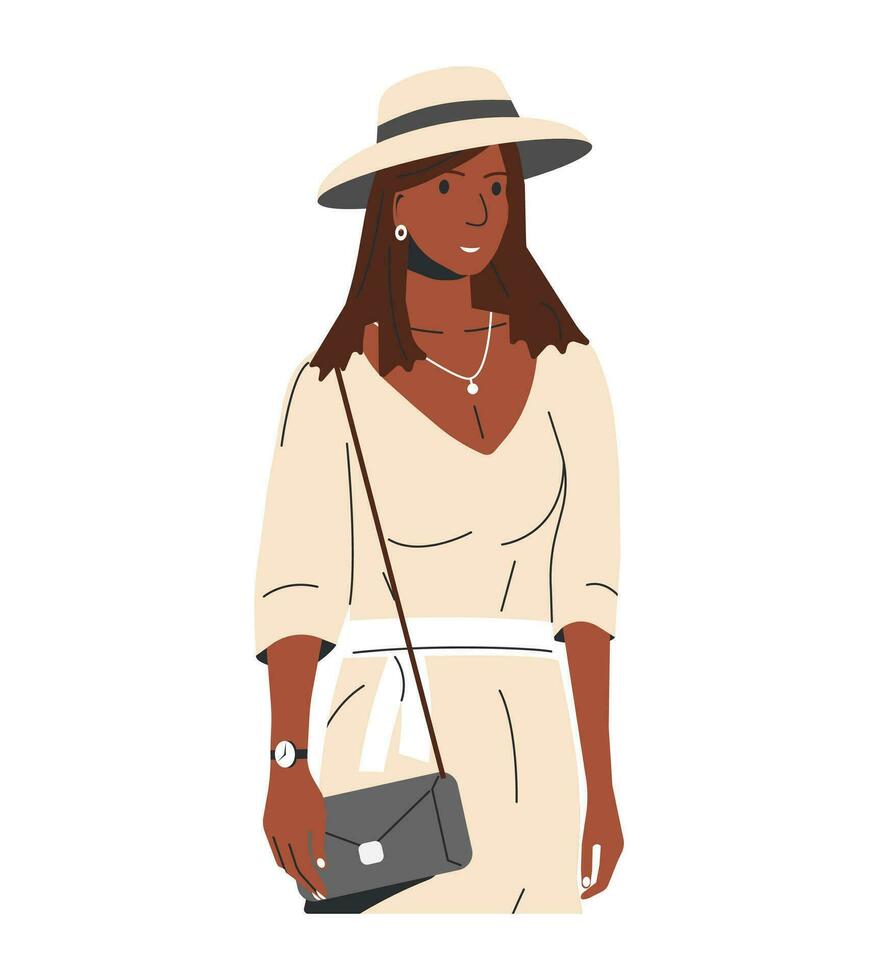 mujer en verano ropa y sombrero aislado. moderno niña en de moda casual atuendo. contento hembra personaje vistiendo Moda verano vestido, Panamá y embrague bolsa. dibujos animados plano vector ilustración