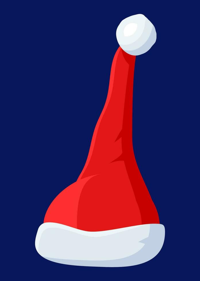 Red Santa Claus Hat Isolated on Blue Background. Hat with Fur and Pompon. Happy New Year Decoration. Merry Christmas Clothes Holiday. New Year and Xmas Celebration. Vector Illustration in Flat Style