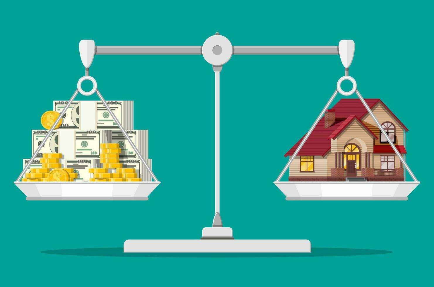 Balance scales with private house and money. Buying a home. Real estate. Suburban wooden house, dollar stacks and gold coins. Vector illustration in flat style