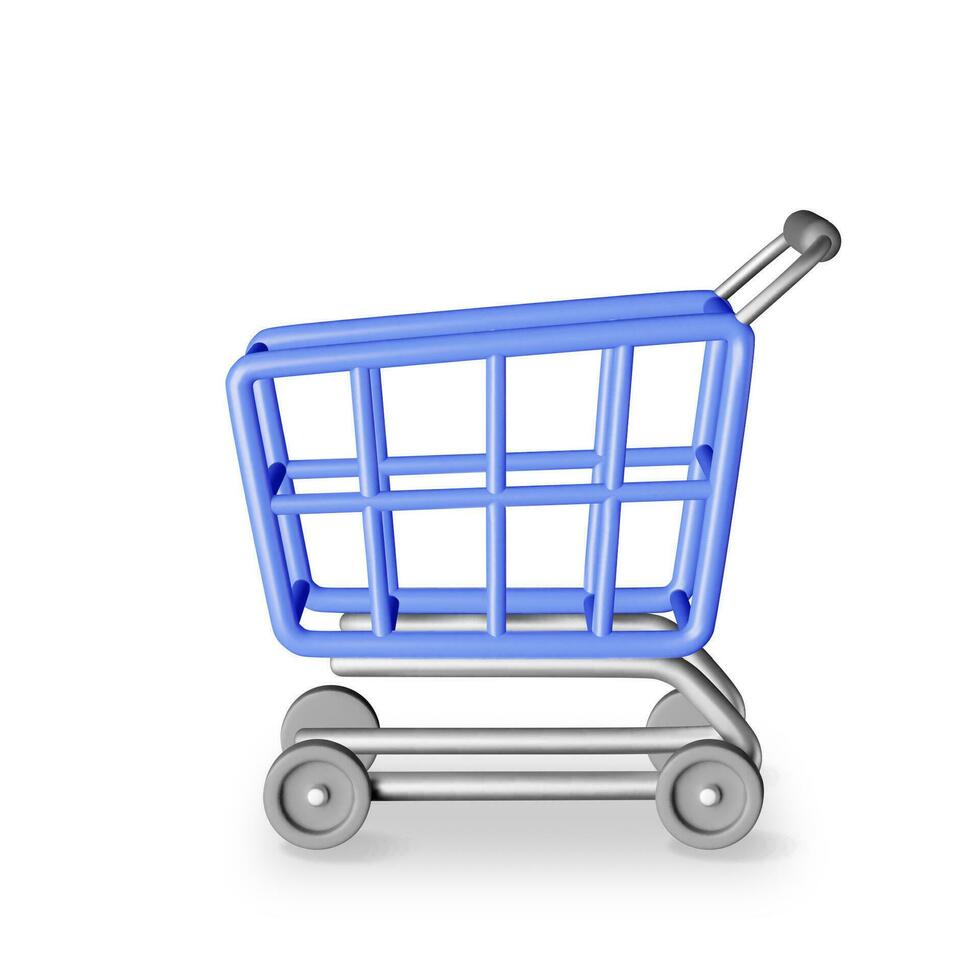 3D Blue Shopping Cart Isolated on White. Render Realistic Shopping Trolley Icon. Empty Shopping Supermarket Basket Front View. Cartoon Vector Illustration