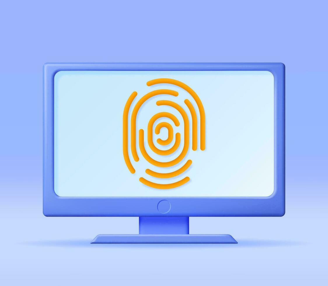 3D Fingerprint on Computer Isolated. Render Finger Print and Monitor. Identification and Authorization System. Fingerprint for ID, Passport, Application, Biometric Scan. Vector Illustration