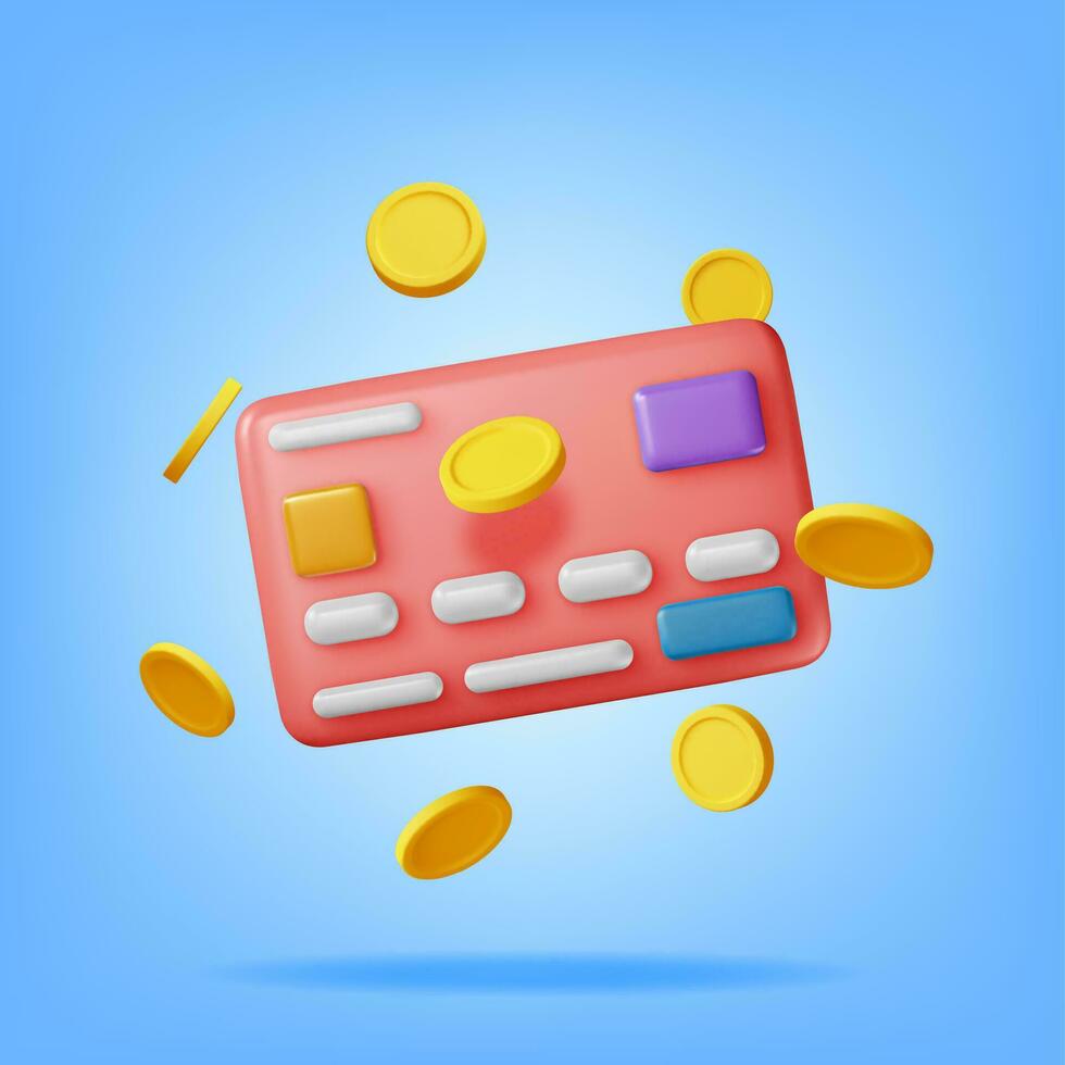 3d banco tarjeta en dinero en aire. hacer crédito tarjeta con chip y oro moneda. negocio finanzas, en línea compras y bancario. sin efectivo pago. financiero actas, dinero transferir. vector ilustración