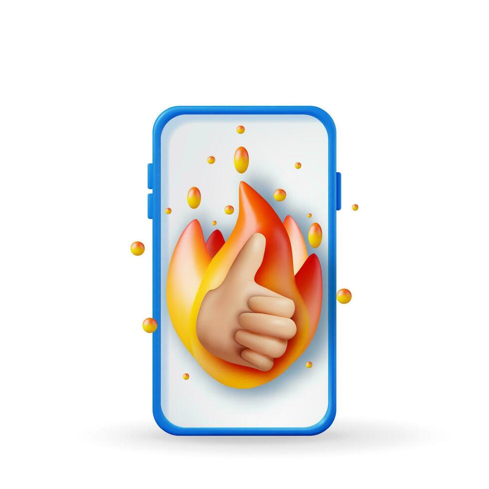 3d pulgares arriba mano gesto en fuego en teléfono. hacer me gusta hoguera mano. cliente clasificación o votar. caliente me gusta o amor botón para social medios de comunicación y móvil aplicación dibujos animados dedos gestos vector ilustración