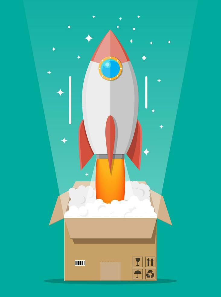 Cartoon rocket ejected from cardboard box. Concept of startup, creative idea, leadership, business success or inspiration. Space ship take off. Vector illustration in flat style