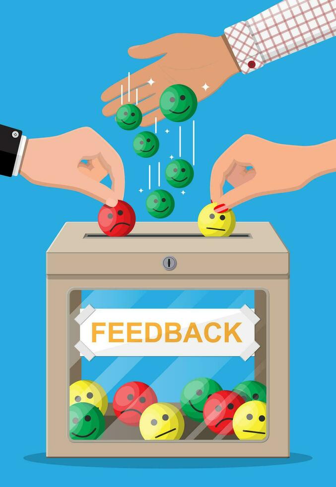 Rating box. Reviews smiles faces. Testimonials, rating, feedback, survey, quality and review. Vector illustration in flat style