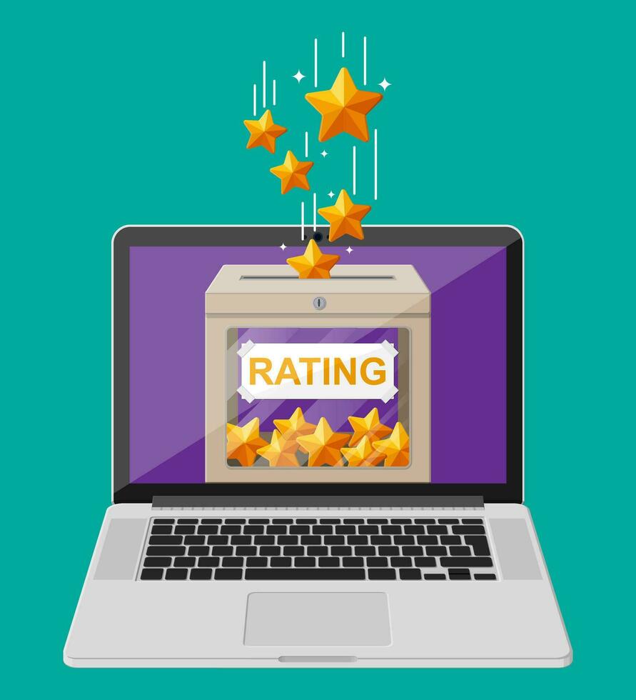 Rating box on laptop screen. Online reviews five stars. Testimonials, rating, feedback, survey, quality and review. Vector illustration in flat style