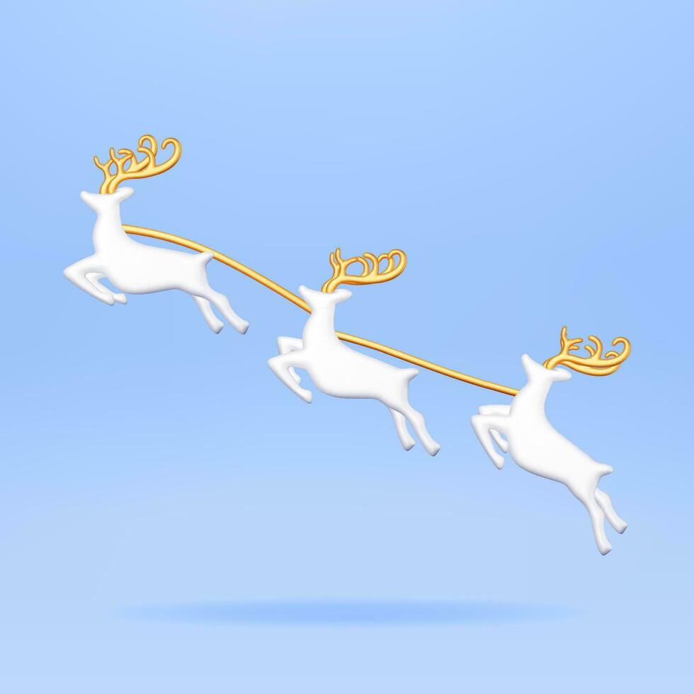 3D Christmas Cute Jumping Deers with Antlers. Render Herd of Reindeers. Happy New Year Decoration. Merry Christmas Holiday. New Year and Xmas Celebration. Realistic Vector Illustration