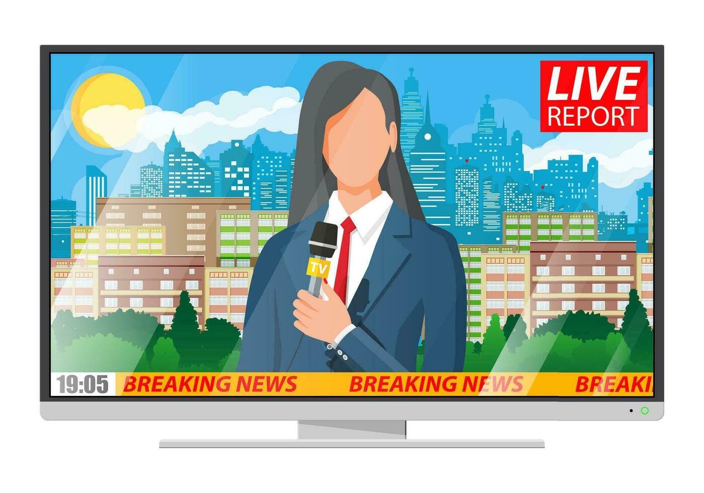 Woman news announcer in the studio. Cityscape with buildings, clouds, sky, sun. Journalism, live report, breaking hot news, television and radio casts concept. Vector illustration in flat style