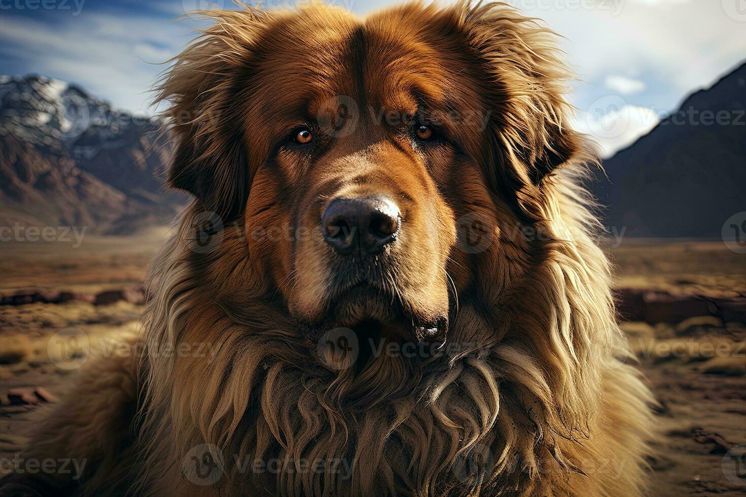 AI generated Portrait of Tibetan Mastiff on a nature background, close up cropped photo. Ai art photo