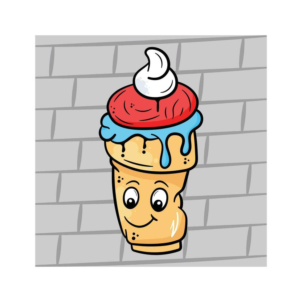 Cartoon style icon of ice cream, happy mood emoticon, graffiti art vector design