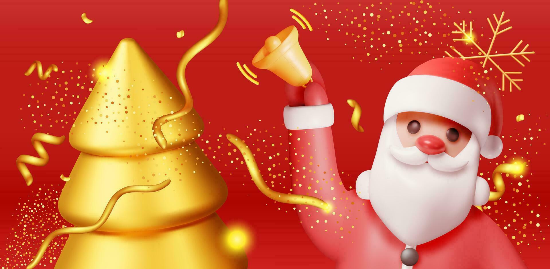 3d Papa Noel claus con campana y oro Navidad árbol. hacer contento nuevo año decoración bandera. alegre Navidad día festivo. nuevo año y Navidad celebracion. realista vector ilustración