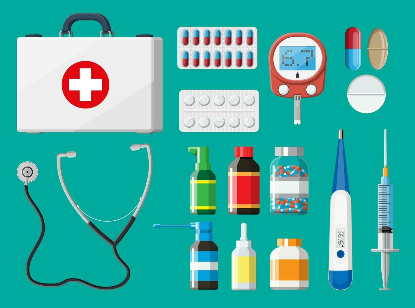 Medical first aid kit with different pills and medical devices. Medical tools, drugs, stethoscope, syringe, glucometer, thermometer. Healthcare diagnostics. Urgency emergency. Flat vector illustration